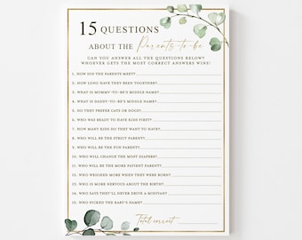 15 Questions About the Parents to be Printable Baby Shower Game . How Well Do You Know Parents . Greenery and Gold . Instant Download . G2