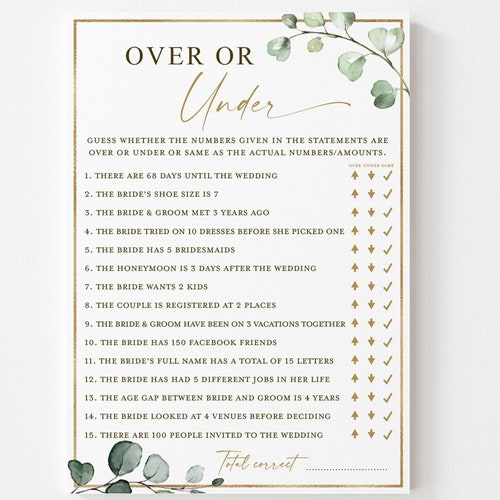 Over or Under Bridal Shower Printable Game . Wedding Couples - Etsy