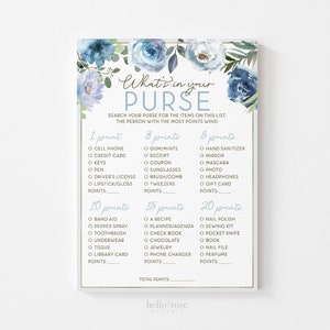 以下が含まれることがあります： 「What's in your Purse?」というタイトルの、青と白の花柄の印刷可能なゲームカードです。このゲームでは、プレイヤーはリストにあるアイテムを自分の財布で探し、最も多くのポイントを獲得した人が勝ちます。リストには、携帯電話、クレジットカード、鍵、ガム、レシート、ハンドサニタイザー、鏡、マスカラ、写真、ヘッドホン、ギフトカード、ばんそうこう、唐辛子スプレー、歯ブラシ、下着、ティッシュ、図書館カード、レシピ、プランナー、小切手帳、チョコレート、ジュエリー、携帯電話の充電器、マニキュア、裁縫セット、ポケットナイフ、本、爪やすり、香水などがあります。