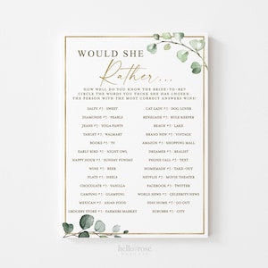 Would She Rather Bridal Shower Printable Game . Greenery and Gold . Fun Rustic Boho Game . Hens Bachelorette Party . Instant Download G2