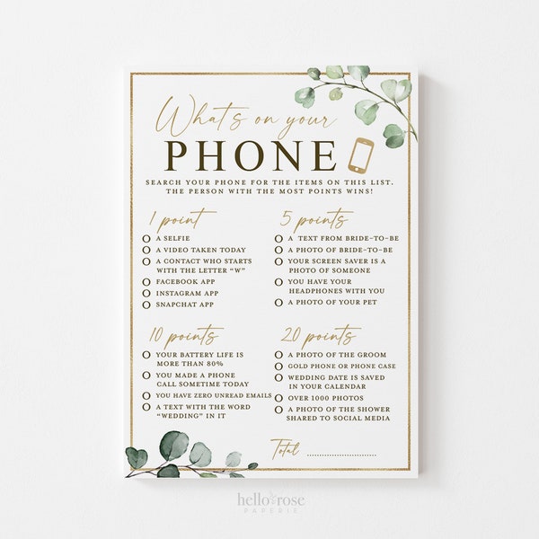 What's on Your Phone Bridal Shower Printable Game . Greenery and Gold . Fun Rustic Game . Hens Bachelorette Party . Instant Download G2