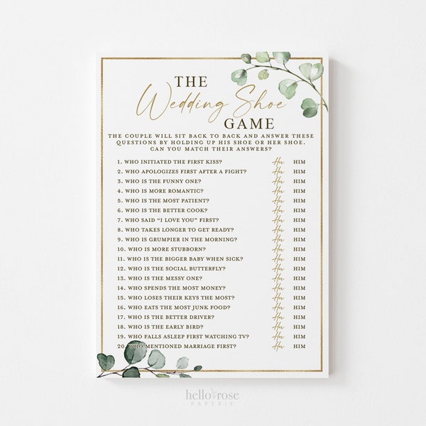 The Wedding Shoe Printable Bridal Shower Wedding Game . Fun Couple Game . Greenery and Gold . Hens Bachelorette Party . Instant Download G2