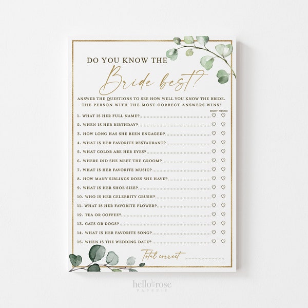 Do You Know the Bride Best Bridal Shower Printable Game . Greenery and Gold . Fun Boho Game . Hens Bachelorette Party . Instant Download G2
