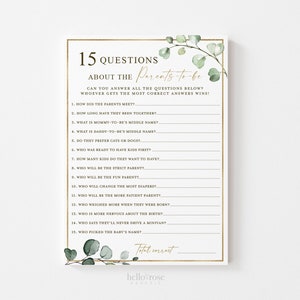 15 Questions About the Parents to be Printable Baby Shower Game . How Well Do You Know Parents . Greenery and Gold . Instant Download . G2