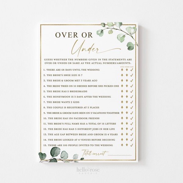 Over or Under Bridal Shower Printable Game . Wedding Couples Shower . Greenery and Gold . Hens Bachelorette Party . Instant Download G2