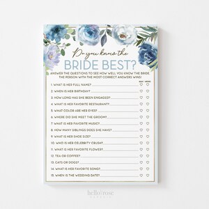 Do You Know the Bride Best Bridal Shower Printable Game . Blue Floral Roses Eucalyptus Rustic . Hens Bachelorette Party . Instant Download