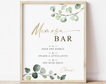 Mimosa Bar Sign Printable . Greenery and Gold . Wedding Engagement Bridal Shower Bachelorette Hens Party Birthday . Instant Download 8x10 G2