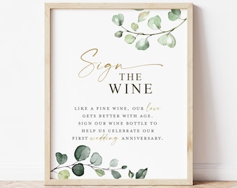 Sign the Wine Bottle Guest Book Sign Printable . Greenery & Gold . Wedding Engagement Bridal Shower Bachelorette Party . 8x10 Download G2