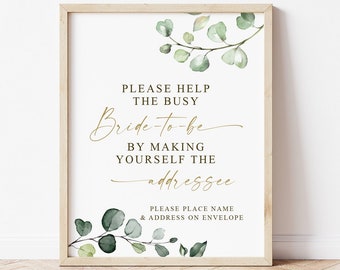 Help the Busy Bride-to-be by Making Yourself the Addressee Printable Sign . Greenery + Gold . Bridal Shower . 8x10 Instant Download G2