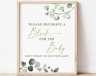 Decorate a Block Baby Shower Sign Printable . Greenery and Gold . Baby Shower Guest Book Alternative Blocks Sign . Instant Download 8x10 G2