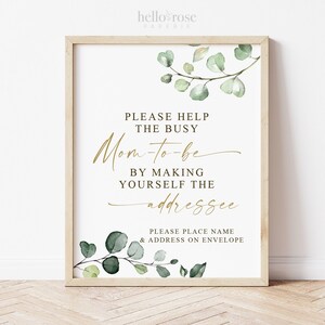 Help the Busy Mom to Be Addressee Sign Printable . Greenery and Gold . Baby Shower Thank You Card Envelope Sign . Instant Download 8x10 G2 image 2