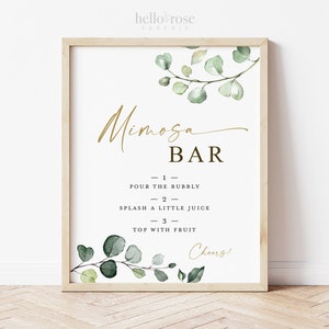 Mimosa Bar Sign Printable . Greenery and Gold . Wedding Engagement Bridal Shower Bachelorette Hens Party Birthday . Instant Download 8x10 G2 image 1