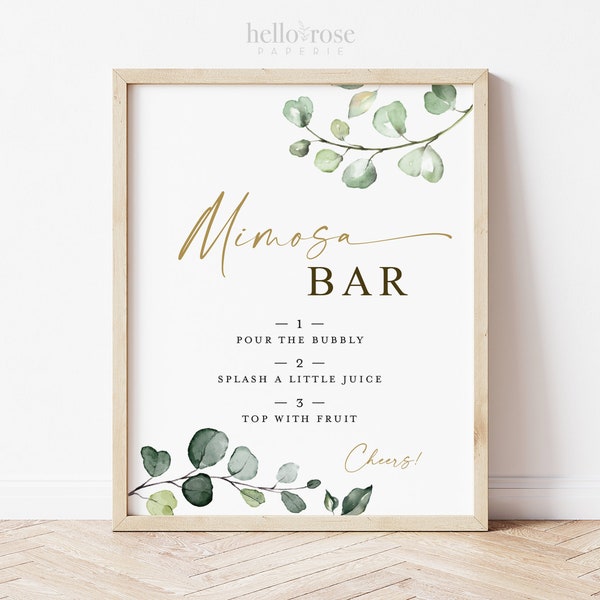 Mimosa Bar Sign Printable . Greenery and Gold . Wedding Engagement Bridal Shower Bachelorette Hens Party Birthday . Instant Download 8x10 G2