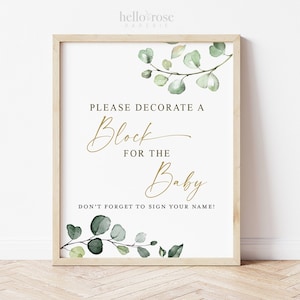 Dekorieren Sie einen Block Baby Shower Sign Printable. Grün und Gold. Baby Shower Gästebuch Alternative Blocks Zeichen. Sofort Download 8x10 G2