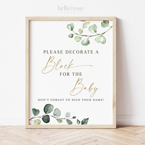 Decorate a Block Baby Shower Sign Printable . Greenery and Gold . Baby Shower Guest Book Alternative Blocks Sign . Instant Download 8x10 G2