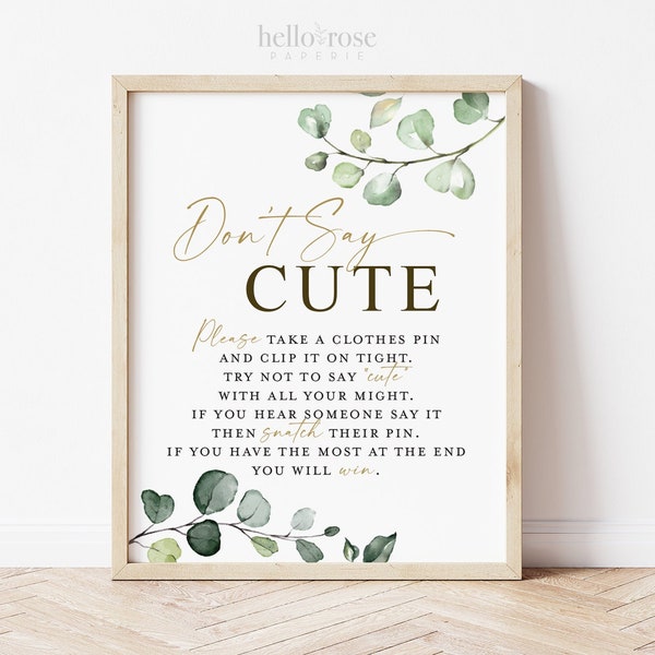 Don't Say Cute Clothespin Baby Shower Game Table Sign . Greenery and Gold . Baby Shower Printable Game . Instant Download 8x10 G2