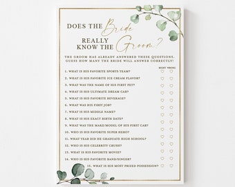 Does the Bride Really Know the Groom Bridal Shower Printable Game . Greenery and Gold . Hens Bachelorette Party . Instant Download G2