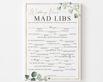 Wedding Vows Mad Libs Fun Bridal Shower Printable Game . Greenery and Gold . Rehearsal Dinner Hens Bachelorette Party . Instant Download G2