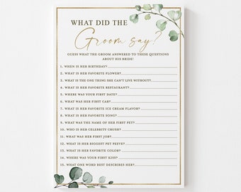 What Did the Groom Say . Bridal Shower Wedding Printable Game . Greenery and Gold . Hens Bachelorette Party . Instant Download G2