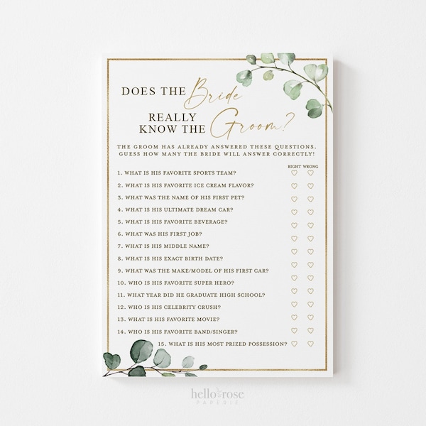 Does the Bride Really Know the Groom Bridal Shower Printable Game . Greenery and Gold . Hens Bachelorette Party . Instant Download G2