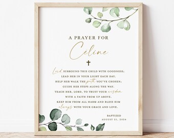 A Prayer for Child Baptism PRINTABLE Personalized . Baptism Christening Sign . Religious Christian . Greenery and Gold . DIGITAL DOWNLOAD G2