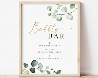 Bubbly Bar Printable Sign 8x10 . Champagne Mimosa Bar . Greenery and Gold . Wedding Engagement Bridal Shower Bachelorette Hens Party . G2