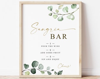 Sangria Bar Sign Printable . Greenery and Gold . Wedding Engagement Bridal Shower Bachelorette Hen Party Birthday . Instant Download 8x10 G2