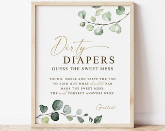 Dirty Diapers Guess the Sweet Mess Game Sign . Boy Girl Baby Shower Chocolate Bar Game . Greenery + Gold . 8x10 Instant Digital Download G2