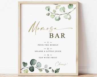 Momosa Bar Sign Printable . Greenery and Gold . Baby Shower Bubbly Mimosa Bar Sign . Instant Download 8x10 G2