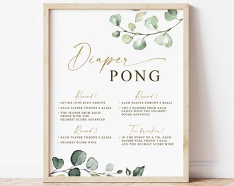 Diaper Pong Printable Baby Shower Game Sign with Rules . Fun Game . Boy Girl Neutral . Greenery and Gold Boho . 8x10 Instant Download G2