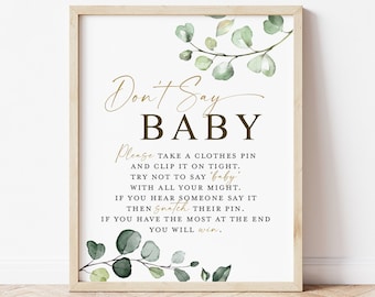 Don&#39;t Say Baby Clothespin Baby Shower Game Table Sign . Greenery and Gold . Baby Shower Printable Game . Instant Download 8x10 G2