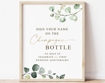 Sign the Champagne Bottle Guestbook Sign . Greenery + Gold . Wedding Engagement Bridal Shower Bachelorette Party . 8x10 Printable G2