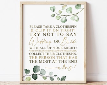 Dont Say Wedding or Bride CLOTHESPIN Game Sign Printable . Greenery + Gold . Bridal Shower Bachelorette Hen Party . 8x10 Instant Download G2