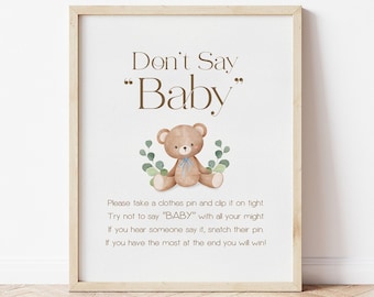 Dont Say Baby Teddy Bear Printable Game Sign . Baby Shower Boy Blue . We Can Bearly Wait. Bear with Greenery . 8x10 Instant Download