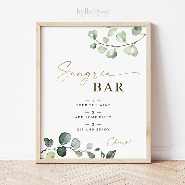 Sangria Bar Sign Printable . Greenery and Gold . Wedding Engagement Bridal Shower Bachelorette Hen Party Birthday . Instant Download 8x10 G2