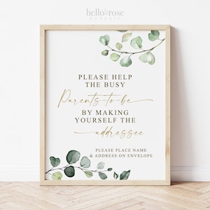 Help the Busy Parents to Be Addressee Sign Printable . Greenery + Gold . Baby Shower Thank You Card Envelope Sign . Instant Download 8x10 G2