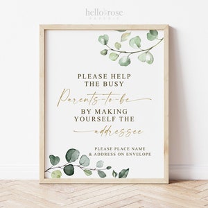 Help the Busy Parents to Be Addressee Sign Printable . Greenery + Gold . Baby Shower Thank You Card Envelope Sign . Instant Download 8x10 G2