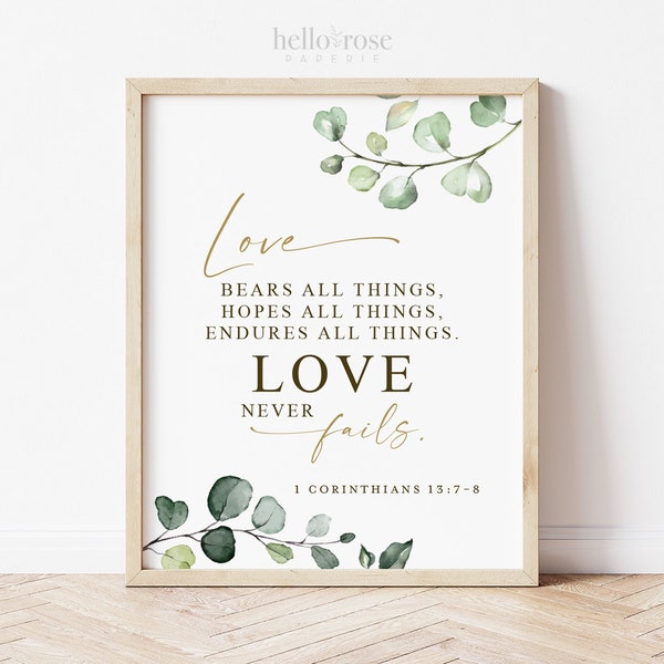 1 Corintios 13:7-8 . El amor nunca falla Versículo bíblico. Signo de arte de pared cristiano imprimible para boda. Verde y oro. Descarga instantánea G2