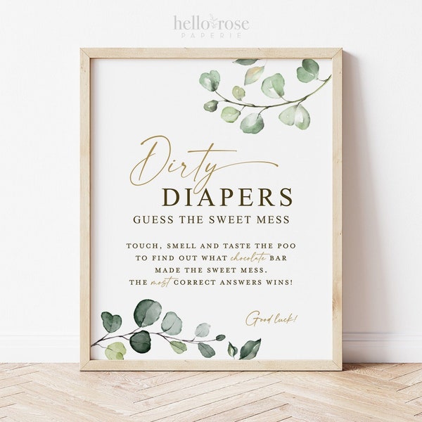 Dirty Diapers Guess the Sweet Mess Game Sign . Boy Girl Baby Shower Chocolate Bar Game . Greenery + Gold . 8x10 Instant Digital Download G2