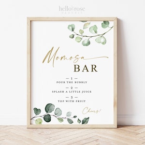 Momosa Bar Sign Printable . Greenery and Gold . Baby Shower Bubbly Mimosa Bar Sign . Instant Download 8x10 G2
