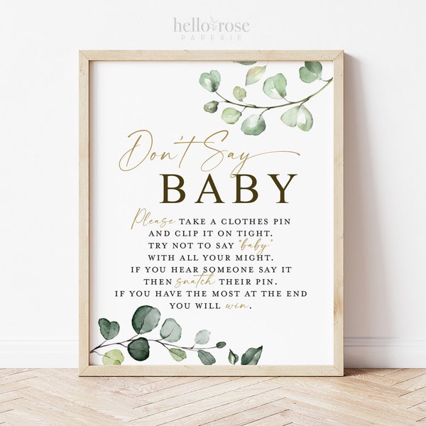 Don't Say Baby Clothespin Baby Shower Game Table Sign . Greenery and Gold . Baby Shower Printable Game . Instant Download 8x10 G2