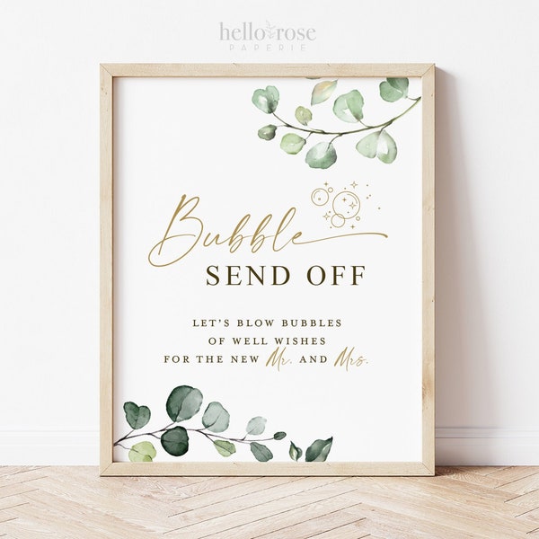Bubble Send Off Printable Sign . Bubble Wand Favors Send Off for Newlyweds . Wedding Bubbles Sendoff Sign . Greenery and Gold . G2