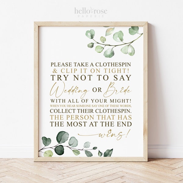 Dont Say Wedding or Bride CLOTHESPIN Game Sign Printable . Greenery + Gold . Bridal Shower Bachelorette Hen Party . 8x10 Instant Download G2