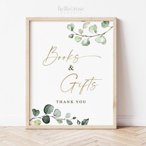 Books and Gifts Sign Printable . Baby Shower Gift Table Sign . Books for Baby . Greenery and Gold . 8x10 Instant Download G2