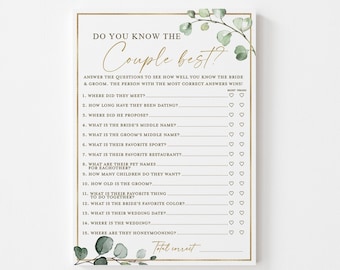 Do You Know Couple Best Bridal Shower Printable Game . Greenery and Gold . Fun Boho Game . Hens Bachelorette Party . Instant Download G2