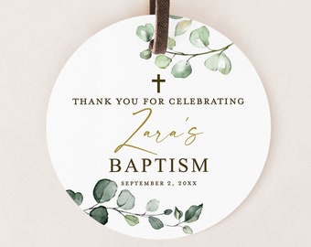 Baptism Thank You Favor Tags Template . Christening Communion Greenery . Personalized Editable PRINTABLE Templett Instant Download G-2
