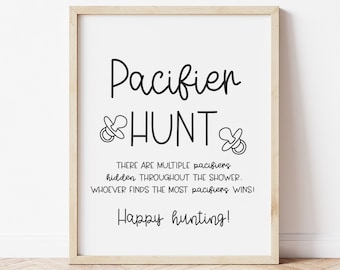 Pacifier Hunt Baby Shower Game Sign . Boy Girl Neutral . Kraft + Minimalist Black & White . Printable 8x10 Instant Digital Download . K4
