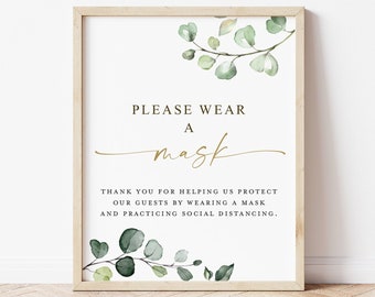 Please Wear a Mask Sign Printable . Greenery and Gold . Baby Shower Wedding Engagement Bridal Shower Bachelorette . 8x10 Instant Download G2