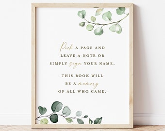 Pick a Page and Leave a Note Memory Guestbook Sign PRINTABLE . Greenery & Gold . Wedding Shower Guest Book Table Sign . Instant Download G2