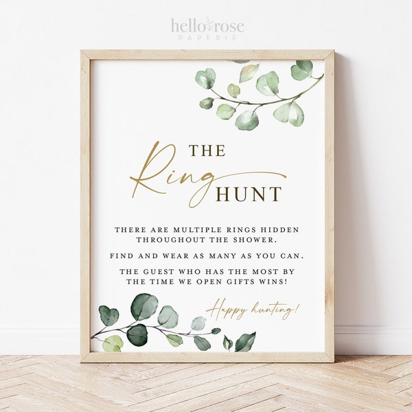 The Ring Hunt Game Sign Printable . Greenery and Gold . Bridal Shower Bachelorette Hens Party Find the Rings Game . 8x10 Instant Download G2